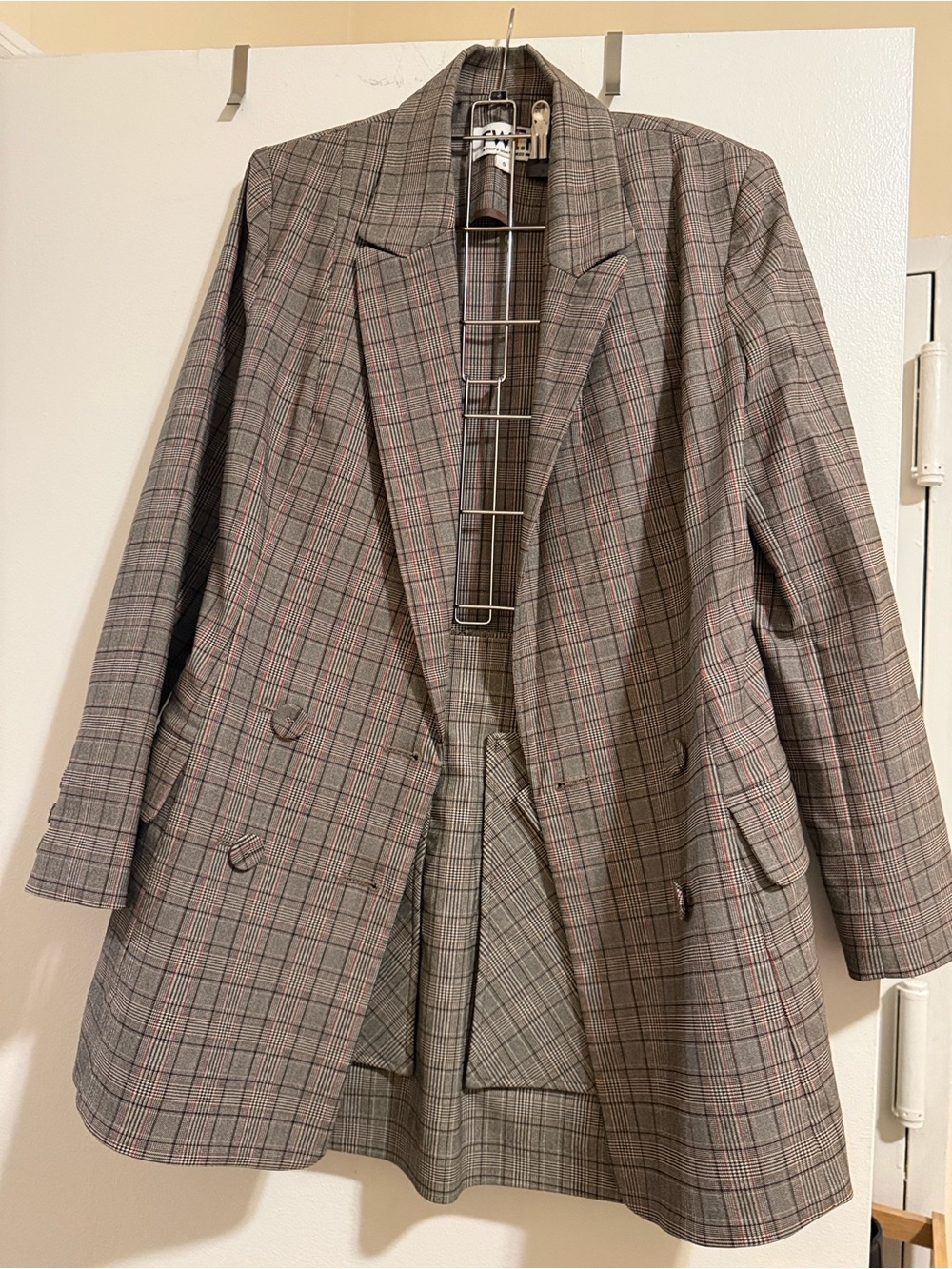 Two Piece Set: Plaid Double-Breasted Blazer Jacket and Matching Mini Skirt